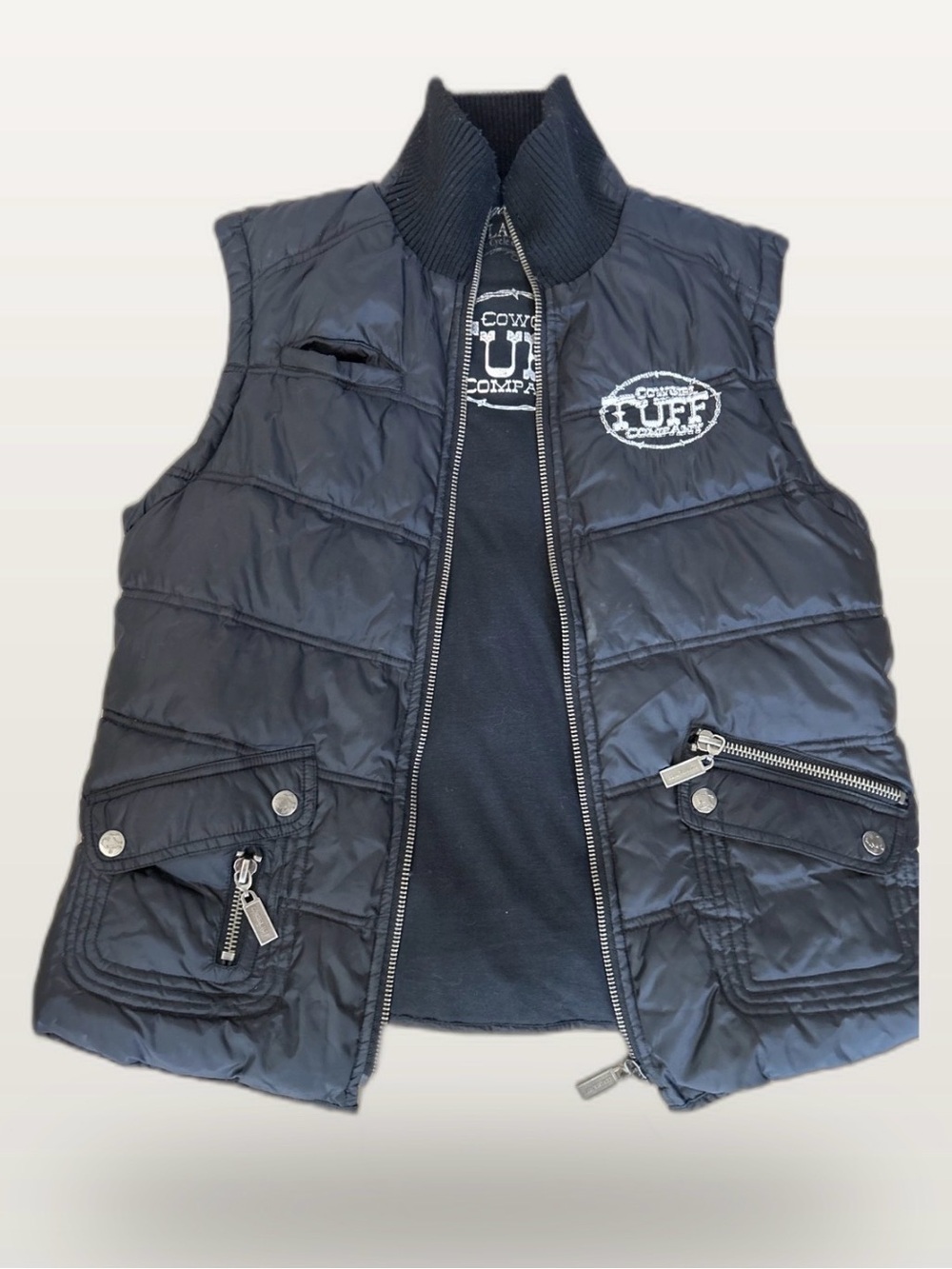 Cowgirl Tuff Co. Black Quilted Puffer Vest | Embroidered Logo, | Size L